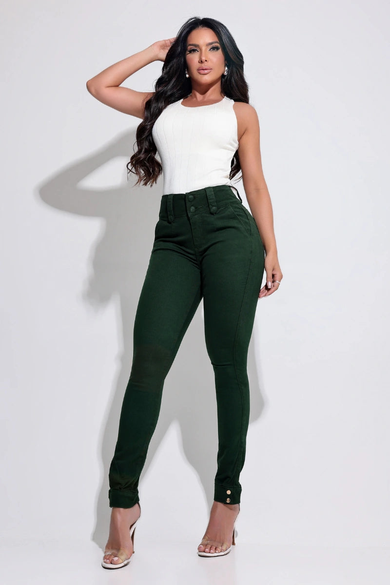 Calça Jeans Ultra Modeladora Verde Barra Com Detalhe JEB942