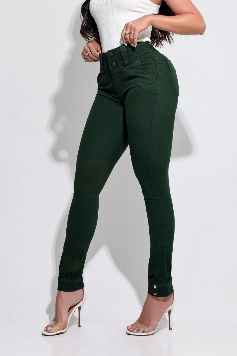 Calça Jeans Ultra Modeladora Verde Barra Com Detalhe JEB942