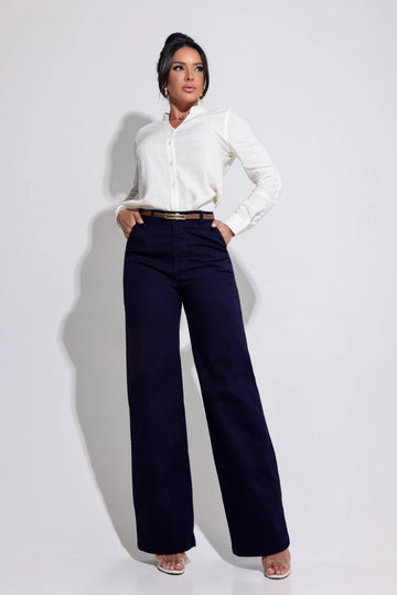 Calça Modeladora Wide Leg Azul Magnífica Com Cinto JEB105