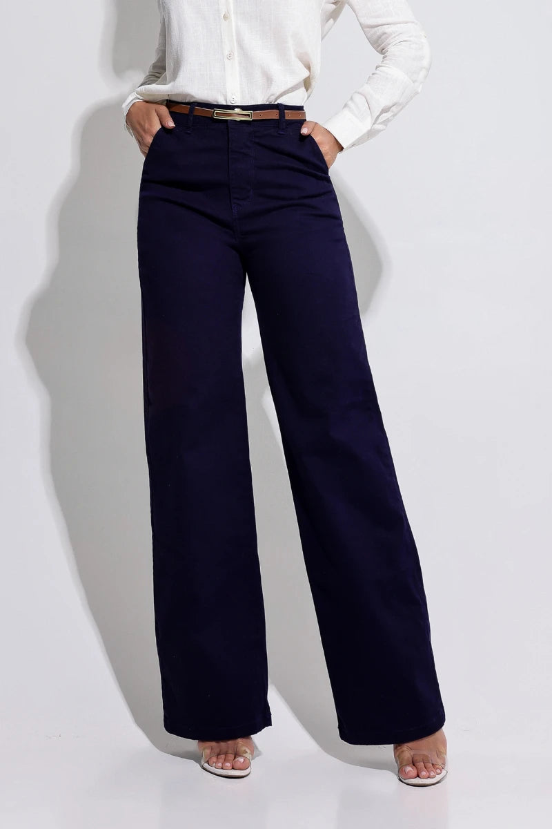 Calça Modeladora Wide Leg Azul Magnífica Com Cinto JEB105