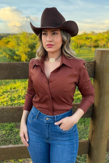Camisa Marrom Feminina Manga Longa JEB122